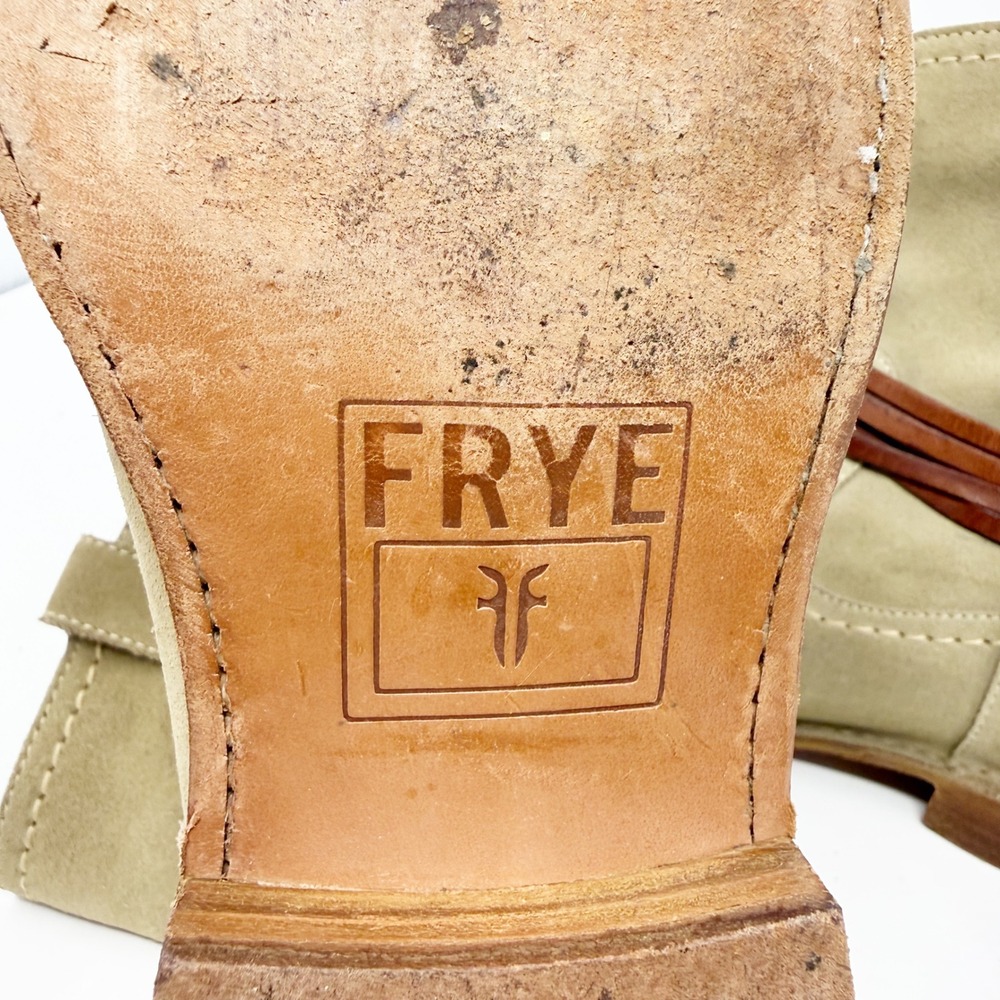Frye Harness Suede Short Ankle Boots Beige‎ Tan Leather Straps 7.5 - Picture 10 of 14